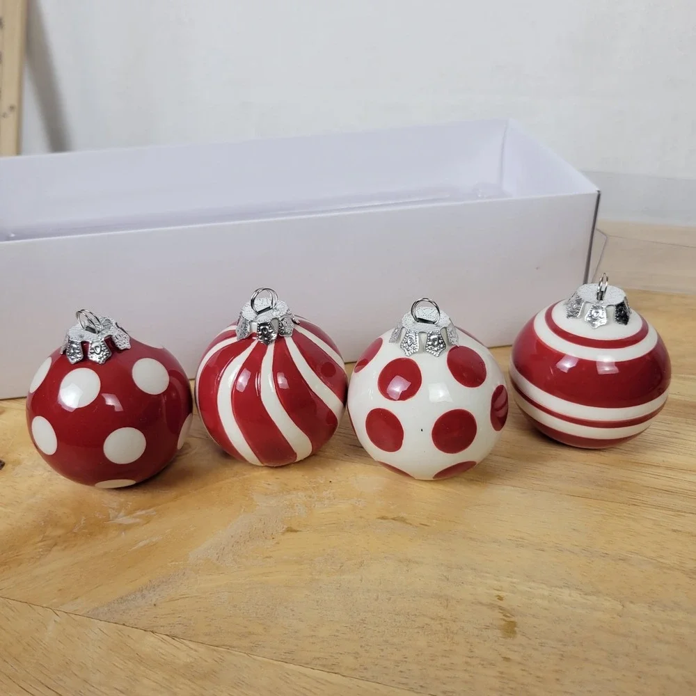 VTG Stebbins Anderson Ceramic Christmas Ornaments Red White Polka Dot Candy Cane